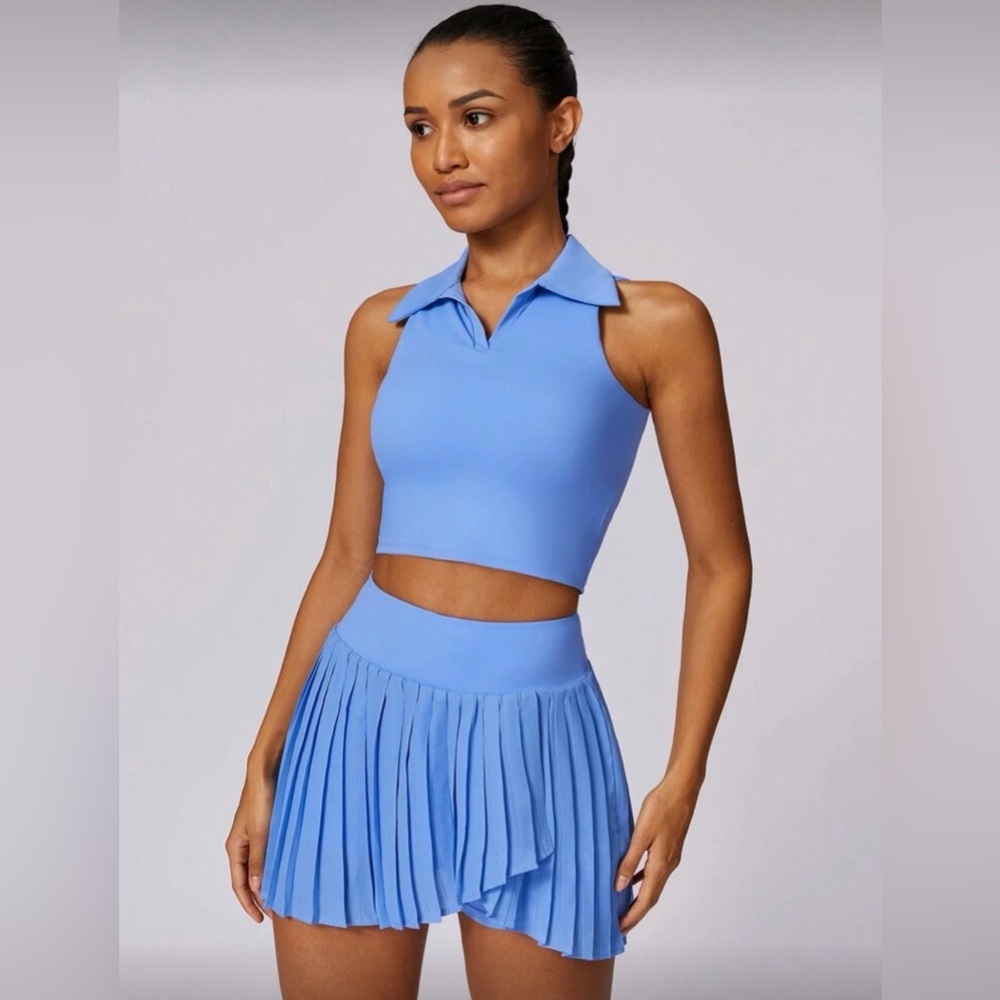 Blue Sleeveless Crop Top and Pleated Skirt Set